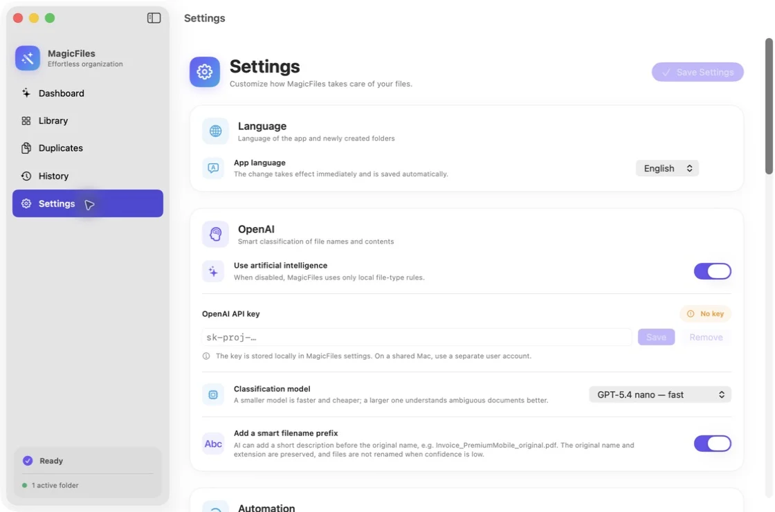 MagicFiles settings in English showing language, AI without a configured API key, classification model, and smart filename controls